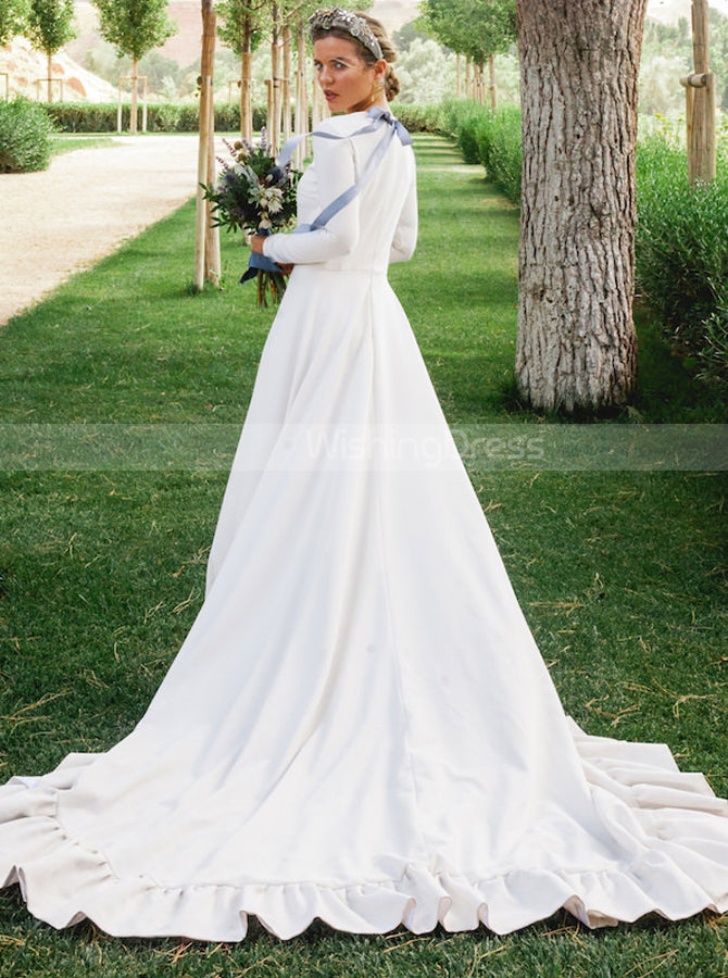 Modest Stretch Crepe Wedding Dress,A-Line Bridal Gown with Sleeve,WD00957, US2 / White Modest Stretch Crepe Wedding Dress,A-Line Bridal Gown with Sleeve,WD00957, US2 / White