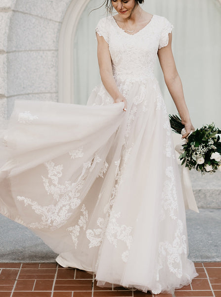 A-line Cap Sleeve Wedding Gown,Classic Bridal Dress,WD00962