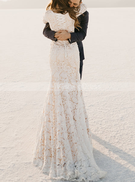 Trumpet Lace Wedding Dress,Lace Up Back Modest Bridal Dress,WD00964