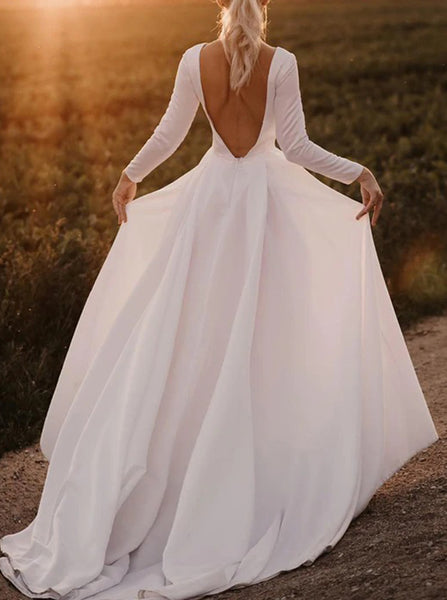 Simple Wedding Dress Open Back,Long Sleeve Wedding Gown,WD00970