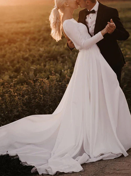 Simple Wedding Dress Open Back,Long Sleeve Wedding Gown,WD00970