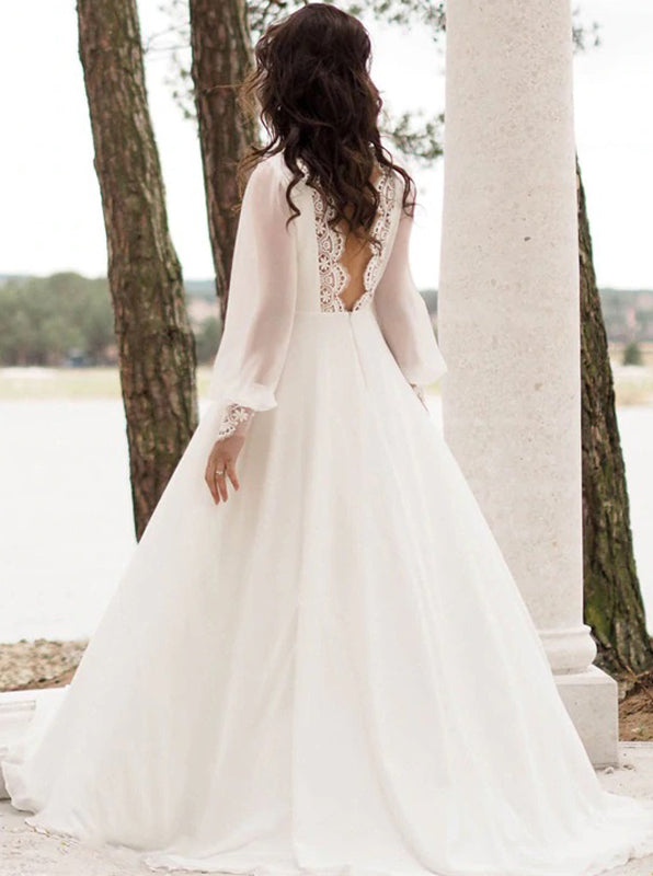 Elegant Backless Wedding Dress,Chiffon Bridal Dress With Bishop Sleeve - Wishingdress Elegant Backless Wedding Dress,Chiffon Bridal Dress With Bishop Sleeve - Wishingdress