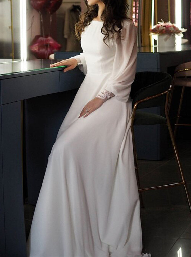 Elegant Backless Wedding Dress,Chiffon Bridal Dress With Bishop Sleeve - Wishingdress Elegant Backless Wedding Dress,Chiffon Bridal Dress With Bishop Sleeve - Wishingdress