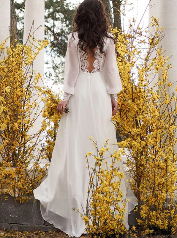 Elegant Backless Wedding Dress,Chiffon Bridal Dress With Bishop Sleeve - Wishingdress Elegant Backless Wedding Dress,Chiffon Bridal Dress With Bishop Sleeve - Wishingdress