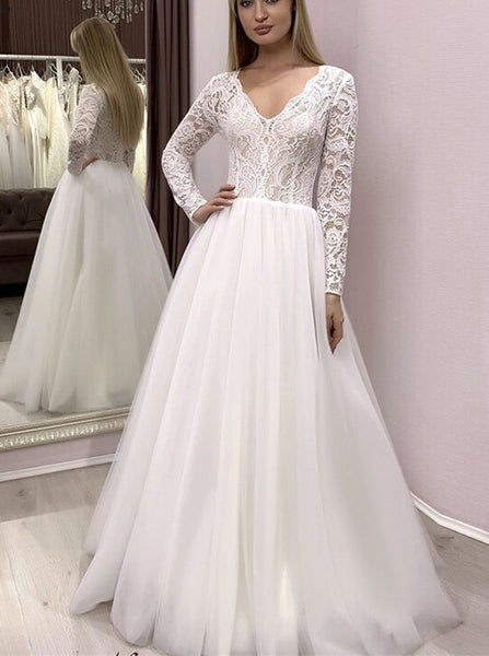 A-line Wedding Dress With Long Sleeves,Fitted Lace Bodice Tulle Skirt Wedding Dress,WD00974