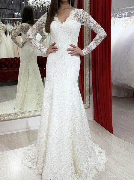 Lace Wedding Dress With Long Sleeves,Fit And Flare Bridal Dress,WD00975