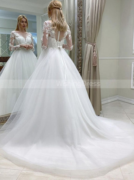 Elegant A-line Wedding Dress With Sleeves,3D Floral Applique Bridal Gown,WD00976
