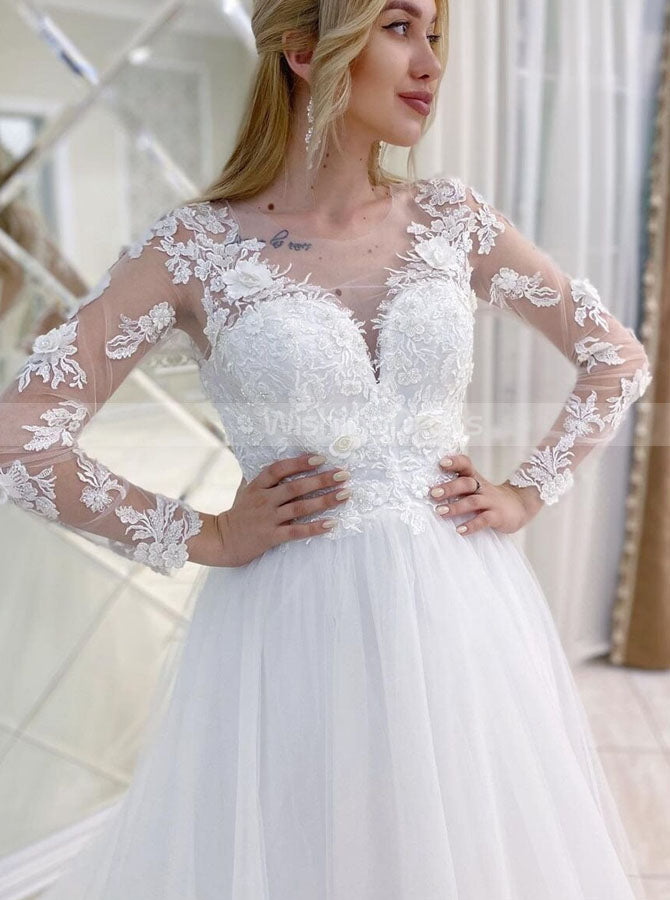Elegant A-line Wedding Dress With Sleeves,3D Floral Applique Bridal Go - Wishingdress Elegant A-line Wedding Dress With Sleeves,3D Floral Applique Bridal Go - Wishingdress