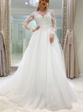 Elegant A-line Wedding Dress With Sleeves,3D Floral Applique Bridal Gown,WD00976