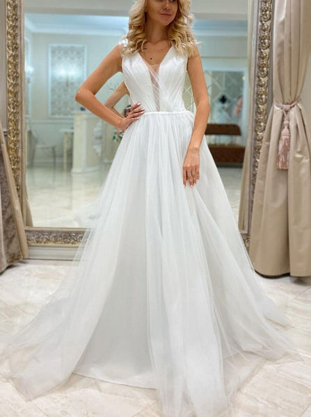 A-line Tulle Wedding Dress,Illusion Plunging Neckline Bridal Gown,WD00977