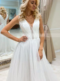 A-line Tulle Wedding Dress,Illusion Plunging Neckline Bridal Gown,WD00977