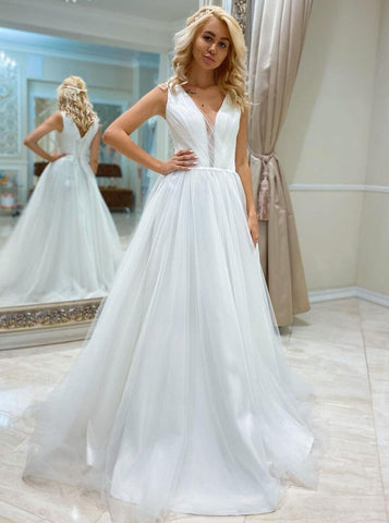 A-line Tulle Wedding Dress,Illusion Plunging Neckline Bridal Gown,WD00977