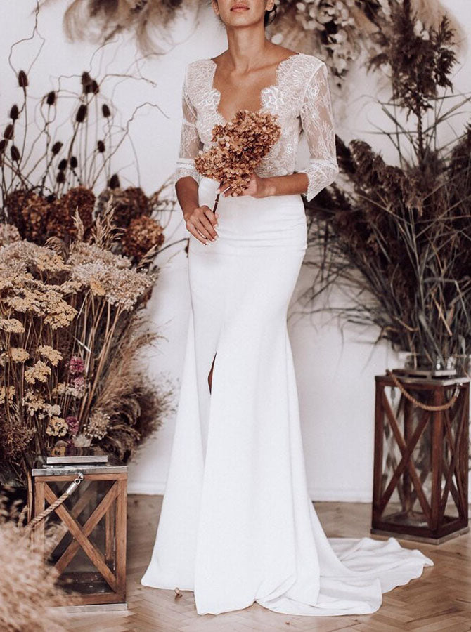 Illusion Neckline Wedding Dress With Slit,Fit And Flare Wedding Dress,WD00979, US6 / Ivory Illusion Neckline Wedding Dress With Slit,Fit And Flare Wedding Dress,WD00979, US6 / Ivory