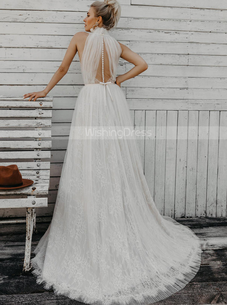 Boho High Neck Wedding Dress,Tulle Over Lace Destination Wedding Dress