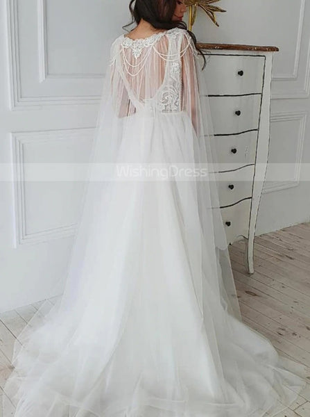 A-line Wedding Dress With Cape,Elegant Plunging Neckline Bridal Dress,WD00990