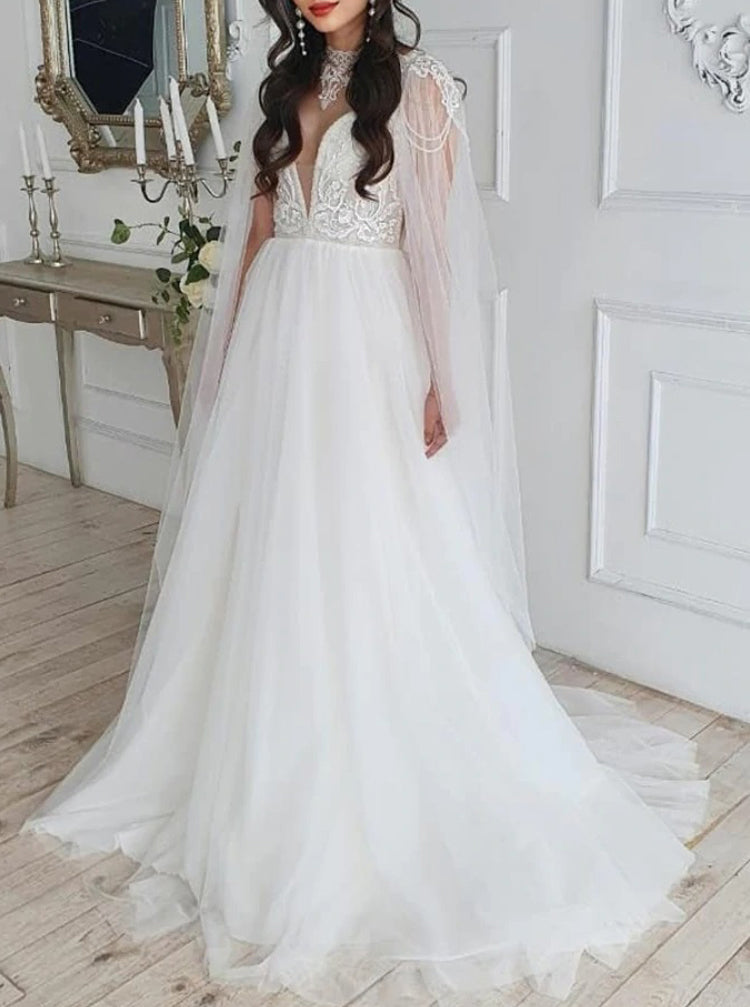 A-line Wedding Dress With Cape,Elegant Plunging Neckline Bridal Dress,