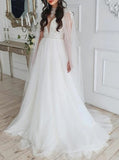 A-line Wedding Dress With Cape,Elegant Plunging Neckline Bridal Dress,WD00990
