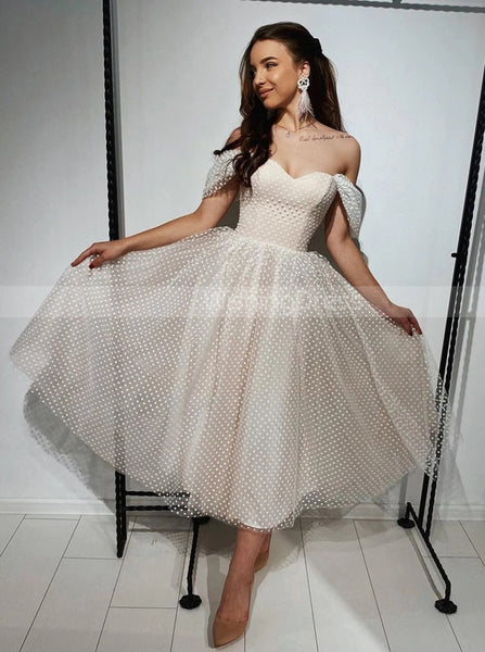A-line Off The Shoulder Wedding Dress,Tea Length Dotted Bridal Dress,WD00986
