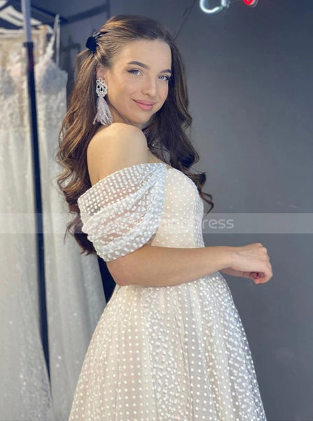 A-line Off The Shoulder Wedding Dress,Tea Length Dotted Bridal Dress,WD00986