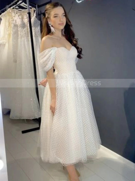 A-line Off The Shoulder Wedding Dress,Tea Length Dotted Bridal Dress,WD00986