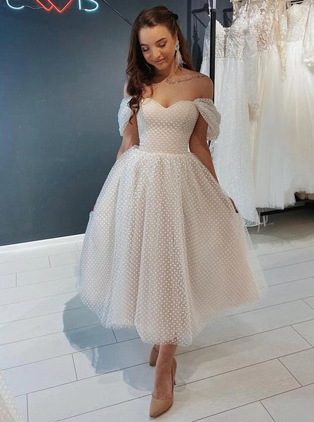 A-line Off The Shoulder Wedding Dress,Tea Length Dotted Bridal Dress,WD00986