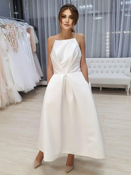 Modern Satin Wedding Dress,Ankle Length Destination Wedding Dress,WD00987
