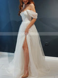 Off The Shoulder Wedding Dress,Dotted Tulle Wedding Dress With Slit,WD00985