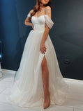 Off The Shoulder Wedding Dress,Dotted Tulle Wedding Dress With Slit,WD00985