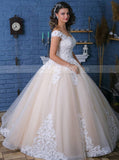 Princess Wedding Gown,Champagne Bridal Gown With White Lace Appliques,WD00989