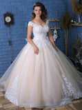 Princess Wedding Gown,Champagne Bridal Gown With White Lace Appliques,WD00989