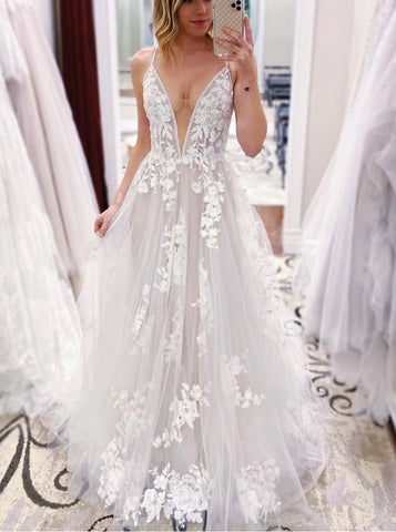 A-line Plunging Neckline Bridal Dress,Backless Wedding Dress,WD00992