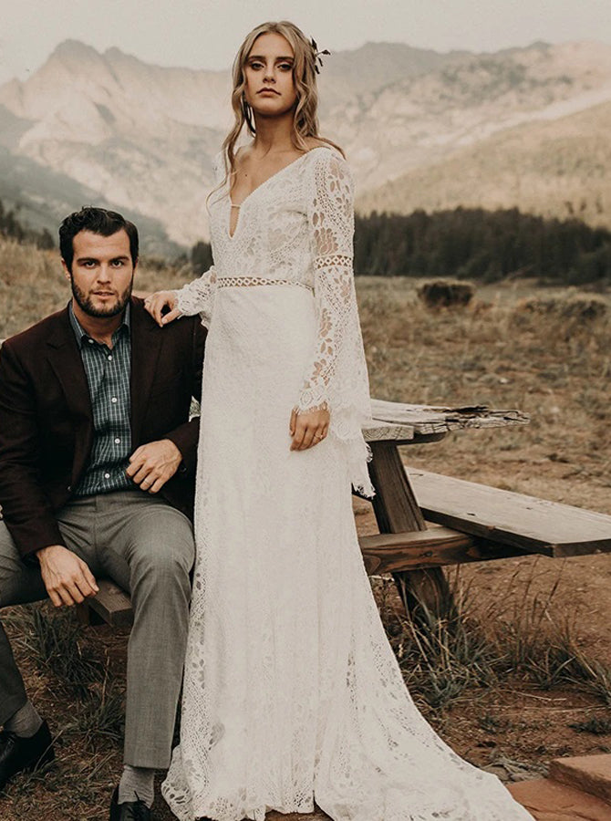 Boho Wedding Dress,Bell Sleeve Lace Bridal Dress,WD01009 - Wishingdress Boho Wedding Dress,Bell Sleeve Lace Bridal Dress,WD01009 - Wishingdress