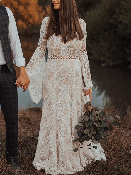 Boho Wedding Dress,Bell Sleeve Lace Bridal Dress,WD01009