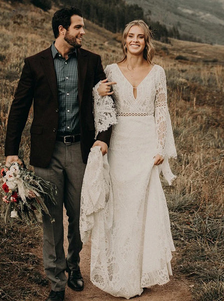 Boho Wedding Dress,Bell Sleeve Lace Bridal Dress,WD01009