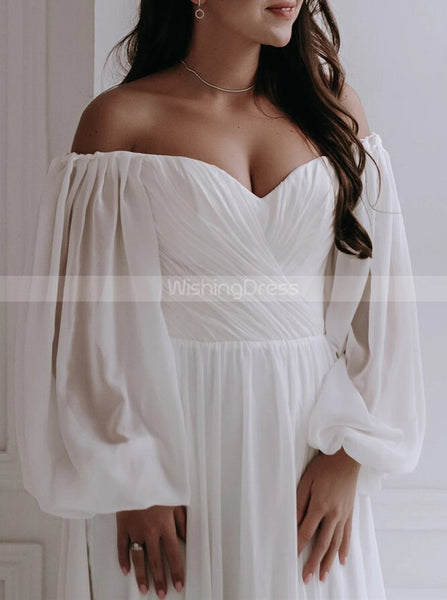 Off The Shoulder Chiffon Plus Size Wedding Dress,Casual Wedding Dress With Sleeves,WD01012