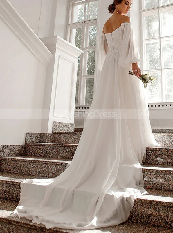 Off The Shoulder Chiffon Plus Size Wedding Dress,Casual Wedding Dress With Sleeves,WD01012 US14W / Ivory