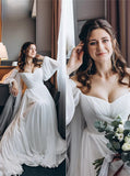 Off The Shoulder Chiffon Plus Size Wedding Dress,Casual Wedding Dress With Sleeves,WD01012