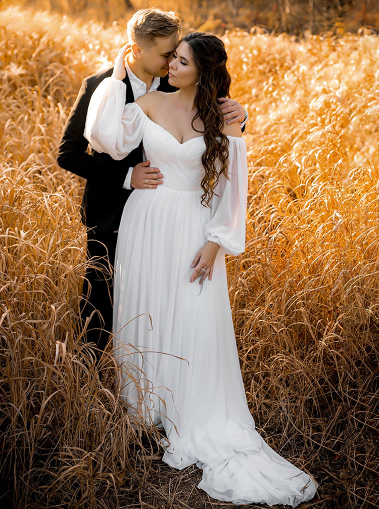 Off The Shoulder Chiffon Plus Size Wedding Dress,Casual Wedding Dress