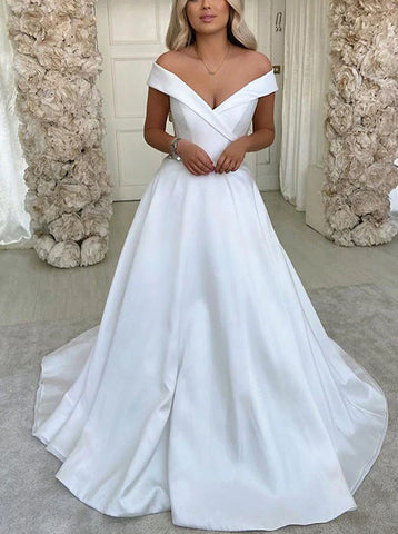 A-line Satin Bridal Dress,Off The Shoulder Wedding Dress,WD01017