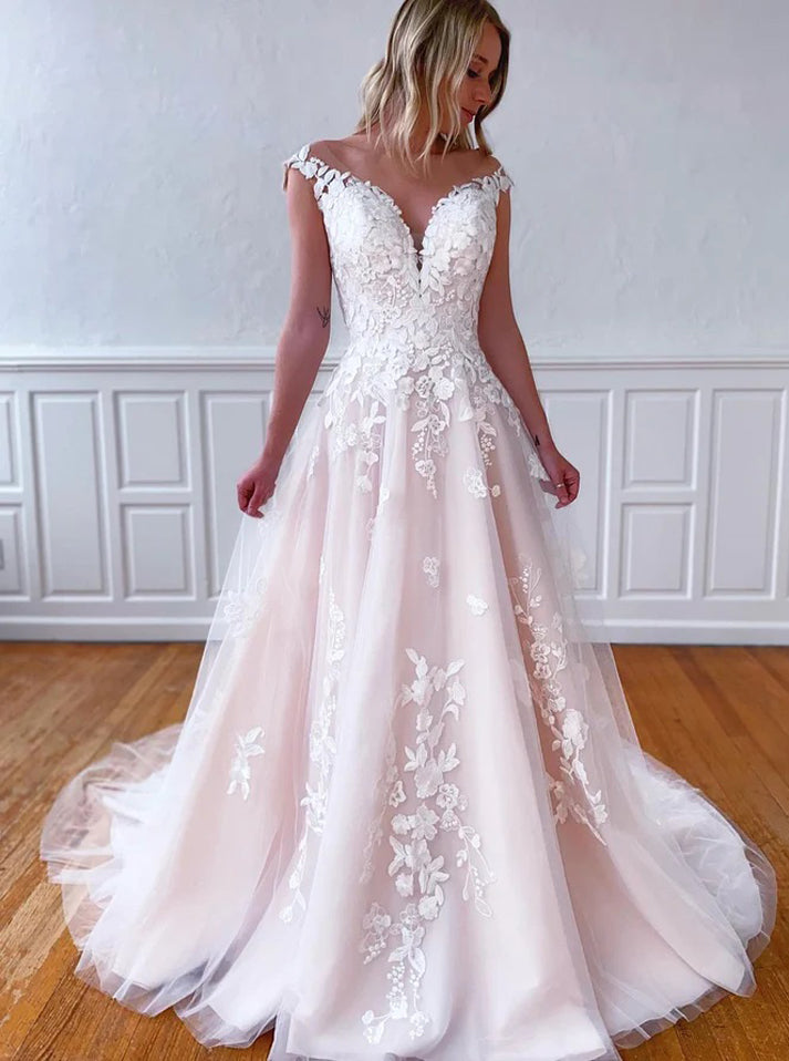 Illusion Back A-line Wedding Dress,Blush Pink Bridal Dress,WD01018