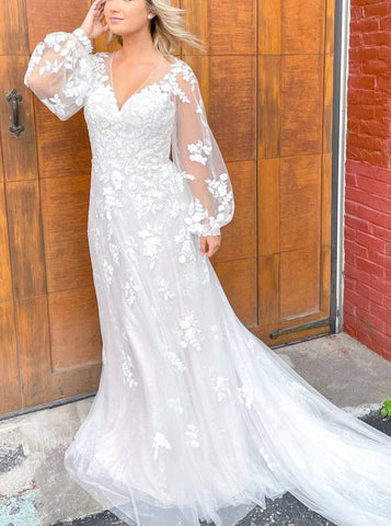 A-line Lace-appliqued Wedding Dress,Puffy Sleeve Wedding Gown,WD01023