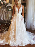 Elegant A-line Wedding Dress,Lace-appliqued Bridal Gown With Pockets,WD01029
