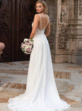 Destination Wedding Dress With Slit,Chiffon Open Back Bridal Dress,WD01028