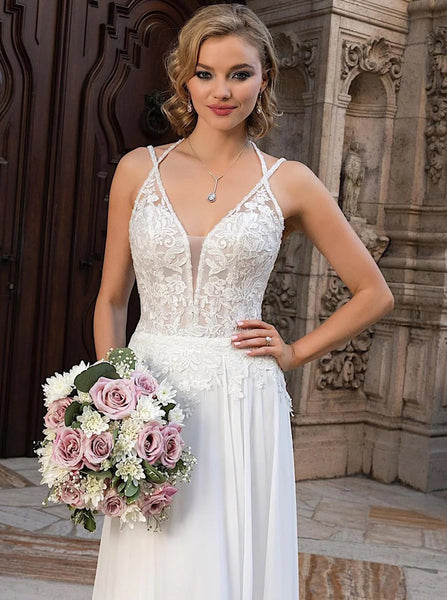 Destination Wedding Dress With Slit,Chiffon Open Back Bridal Dress,WD01028