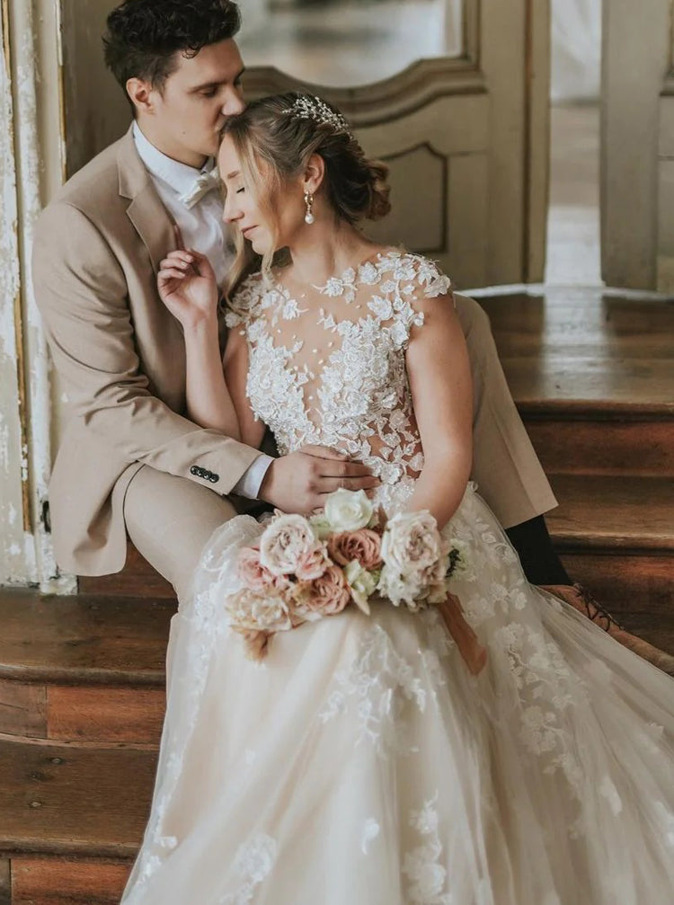 Romantic Wedding Dress,See Through 3D Floral Lace-Appliqued Bridal Gow - Wishingdress Romantic Wedding Dress,See Through 3D Floral Lace-Appliqued Bridal Gow - Wishingdress