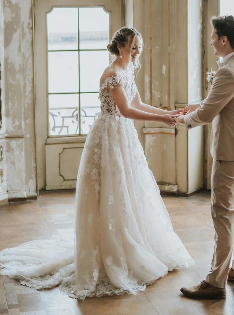 Romantic Wedding Dress,See Through 3D Floral Lace-Appliqued Bridal Gown,WD01030, US12 / White Romantic Wedding Dress,See Through 3D Floral Lace-Appliqued Bridal Gown,WD01030, US12 / White