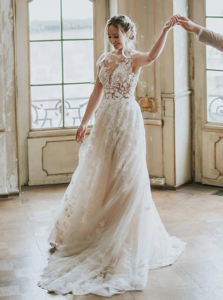 Romantic Wedding Dress,See Through 3D Floral Lace-Appliqued Bridal Gown,WD01030, US12 / White Romantic Wedding Dress,See Through 3D Floral Lace-Appliqued Bridal Gown,WD01030, US12 / White