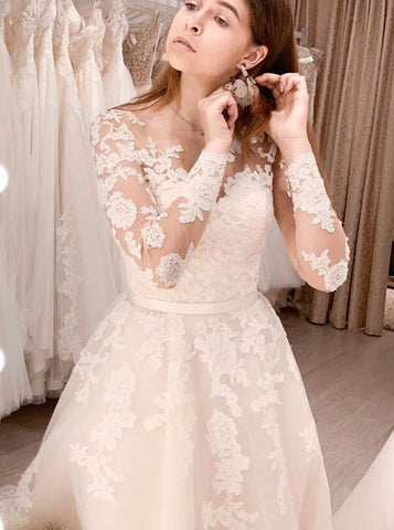 A-line Lace-appliqued Wedding Gown,Long Sleeve Bridal Gown,WD01031