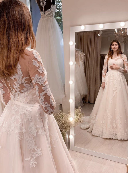 A-line Lace-appliqued Wedding Gown,Long Sleeve Bridal Gown,WD01031