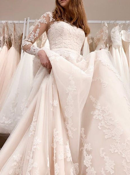 A-line Lace-appliqued Wedding Gown,Long Sleeve Bridal Gown,WD01031